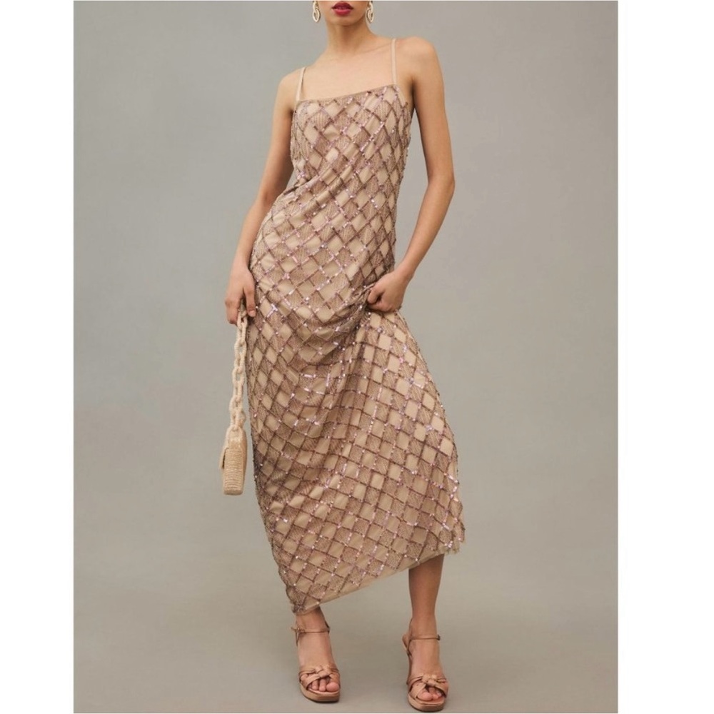 Anthropologie Let Me Be Checked Shine Dress Mauve Beaded Sequined - Small